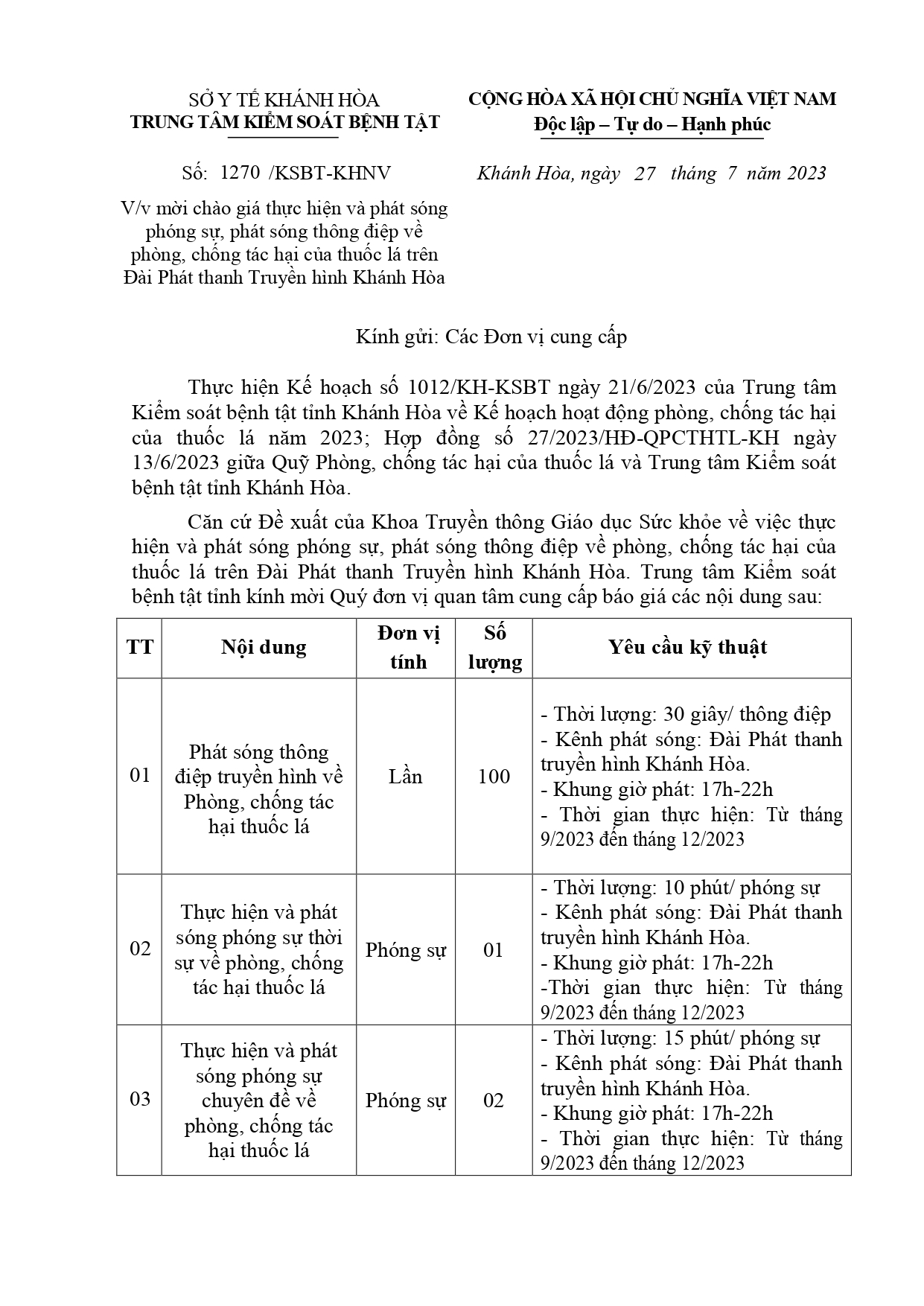 Mời chào giá thực hiện và phát sóng phóng sự, phát sóng thông điệp về phòng, chống tác hại của thuốc lá trên Đài Phát thanh Truyền hình Khánh Hòa